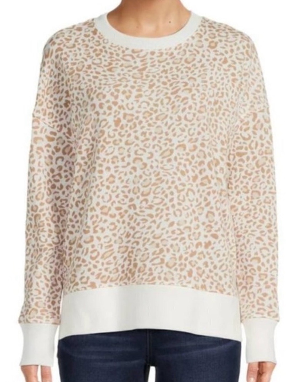 Time and Tru Cream & Tan Leopard Print Crewneck Sweater